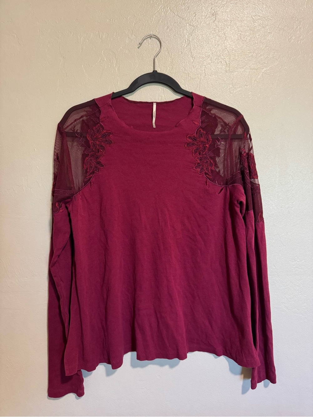 Free People Small Burgundy Floral Embroidered Mesh Long Sleeve Top